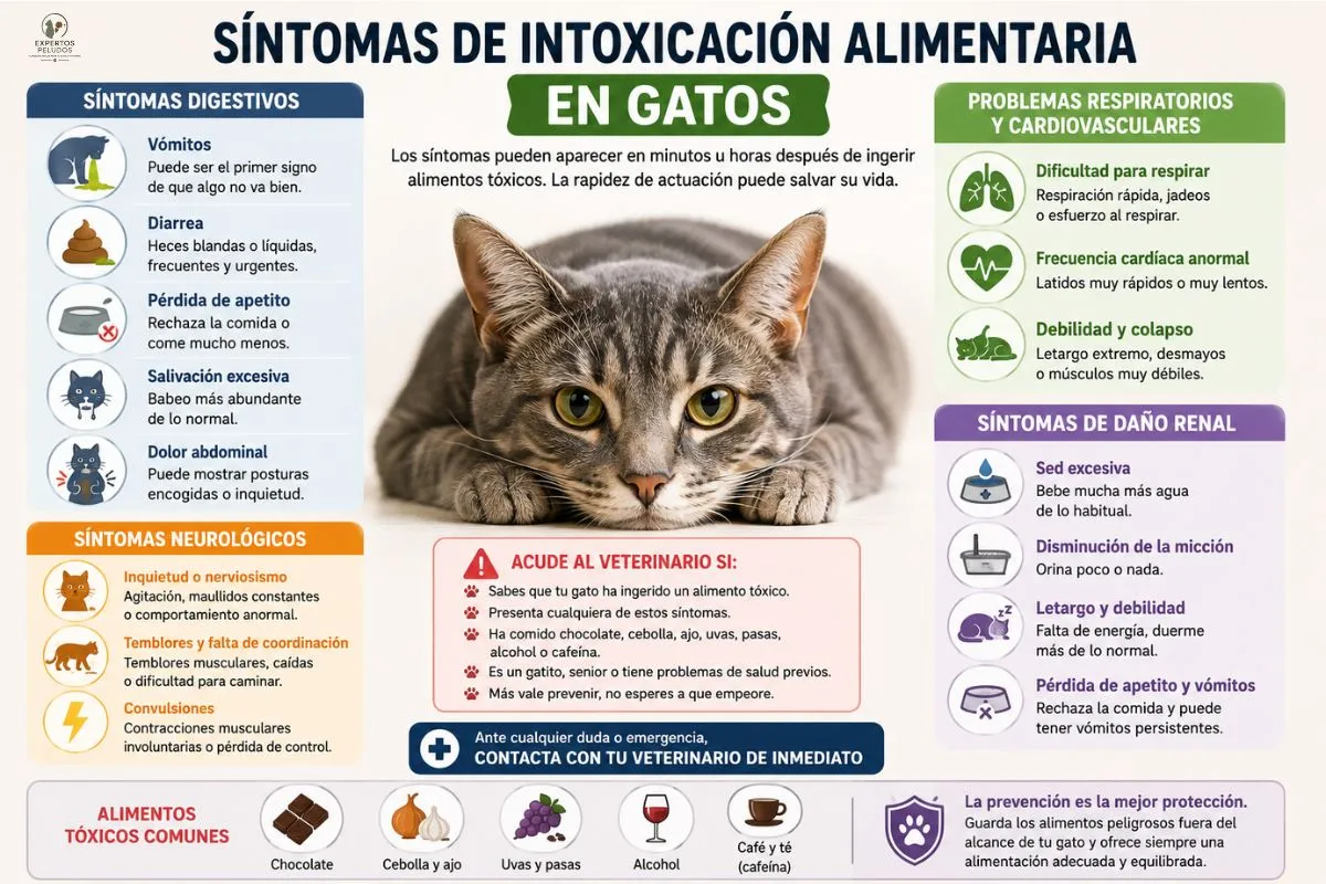 Infografía sobre los síntomas de intoxicación alimentaria en gatos con señales digestivas, neurológicas, respiratorias y renales