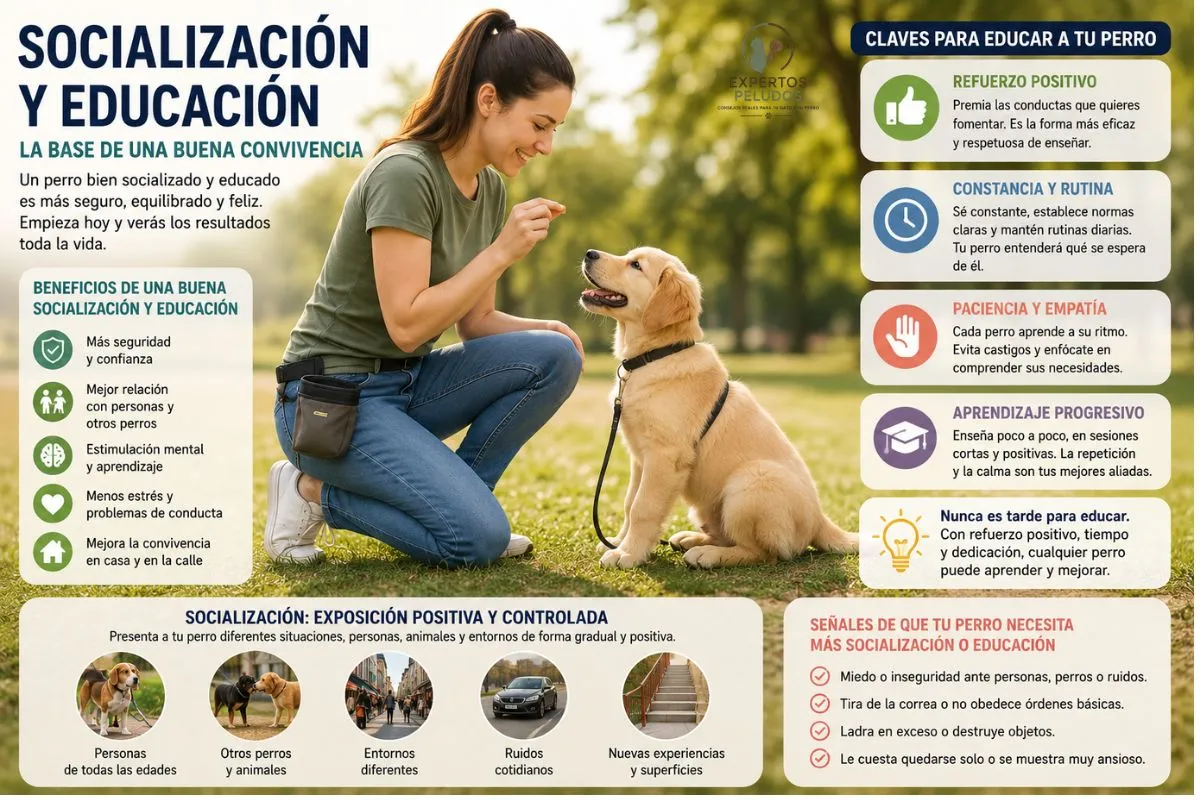 Persona educando a un cachorro mediante refuerzo positivo durante una sesión de socialización y aprendizaje al aire libre.