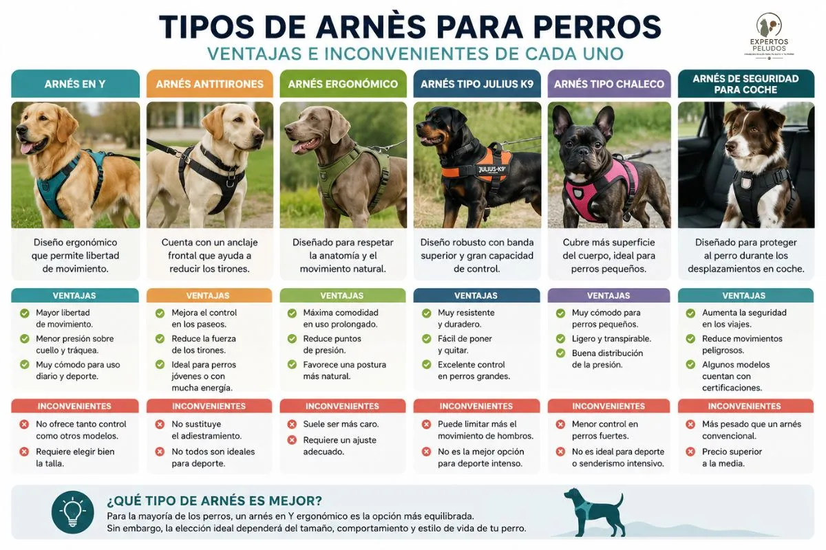 Infografía con los principales tipos de arneses para perros: arnés en Y, arnés antitirones, arnés ergonómico, Julius K9, arnés chaleco y arnés de seguridad para coche