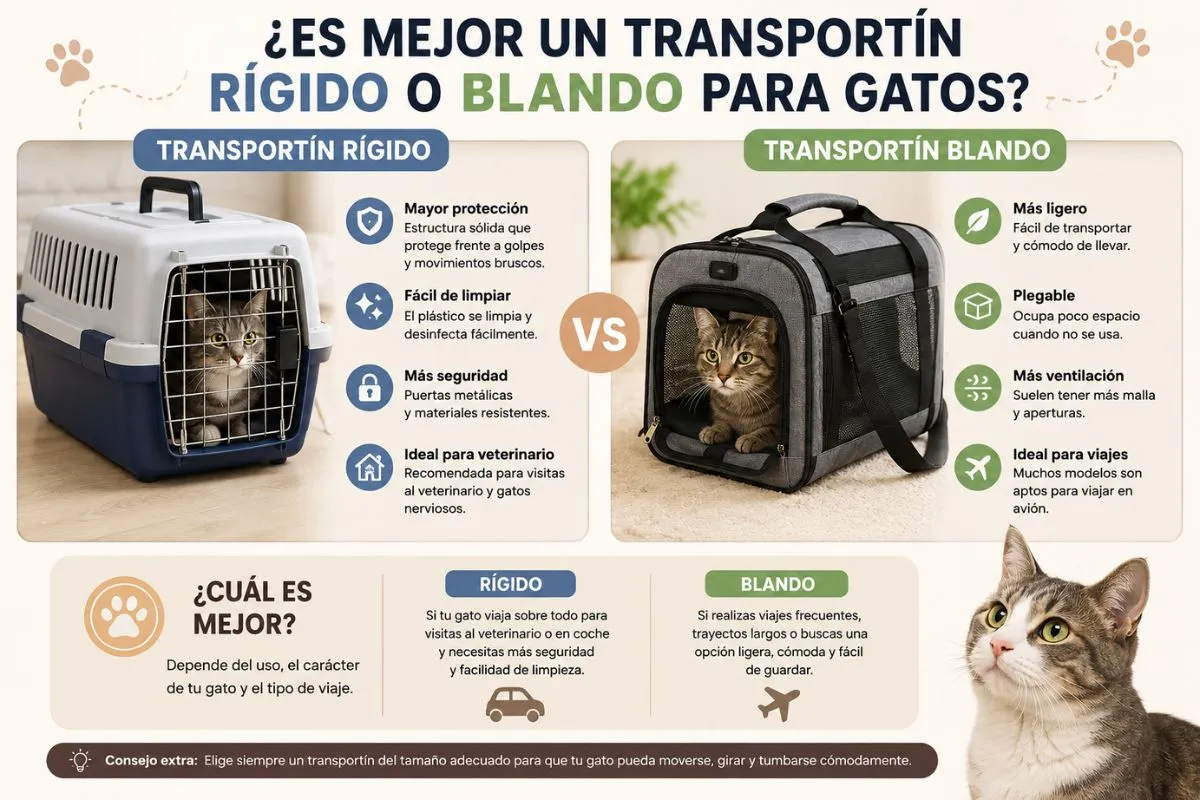 Comparativa entre transportín rígido y transportín blando para gatos mostrando ventajas, usos recomendados y diferencias de seguridad y comodidad.