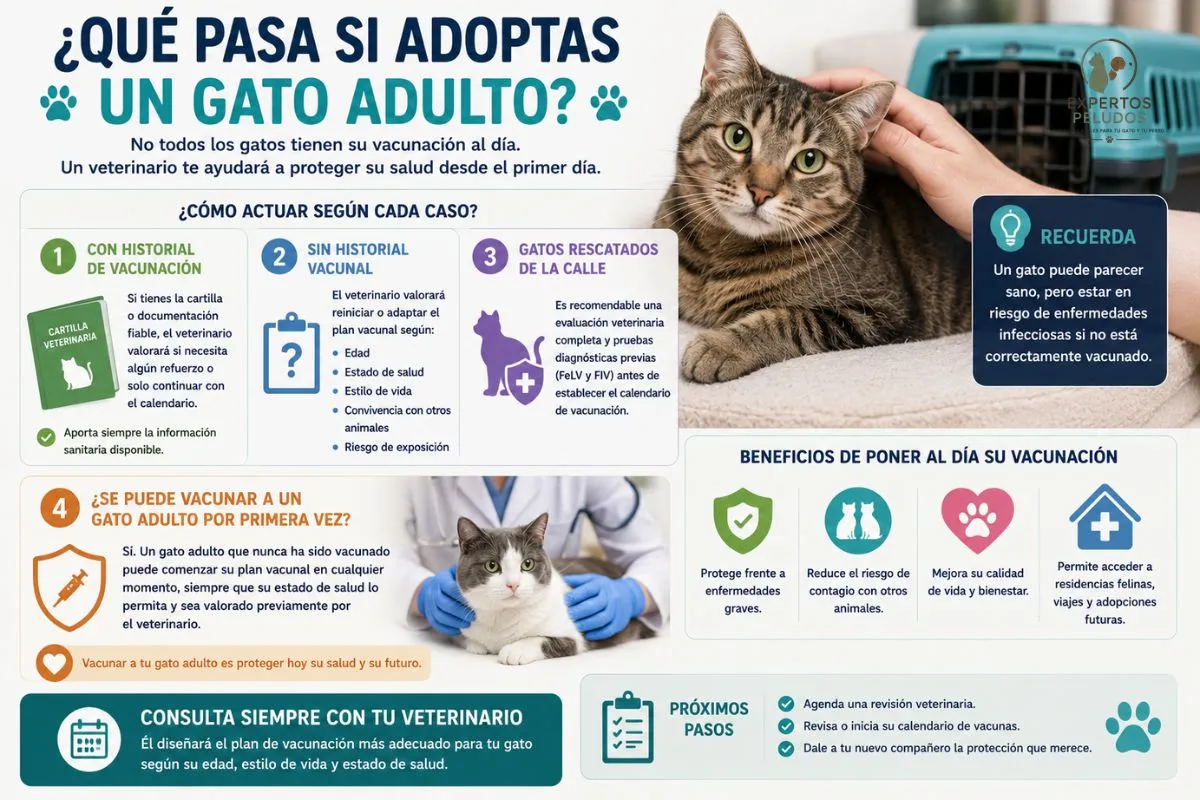 Infografía sobre las vacunas para gatos adultos adoptados, con recomendaciones para gatos con historial vacunal conocido, desconocido o rescatados de la calle.