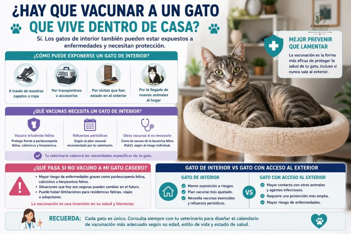 Infografía sobre la vacunación de gatos de interior y las vacunas recomendadas para gatos que viven dentro de casa.