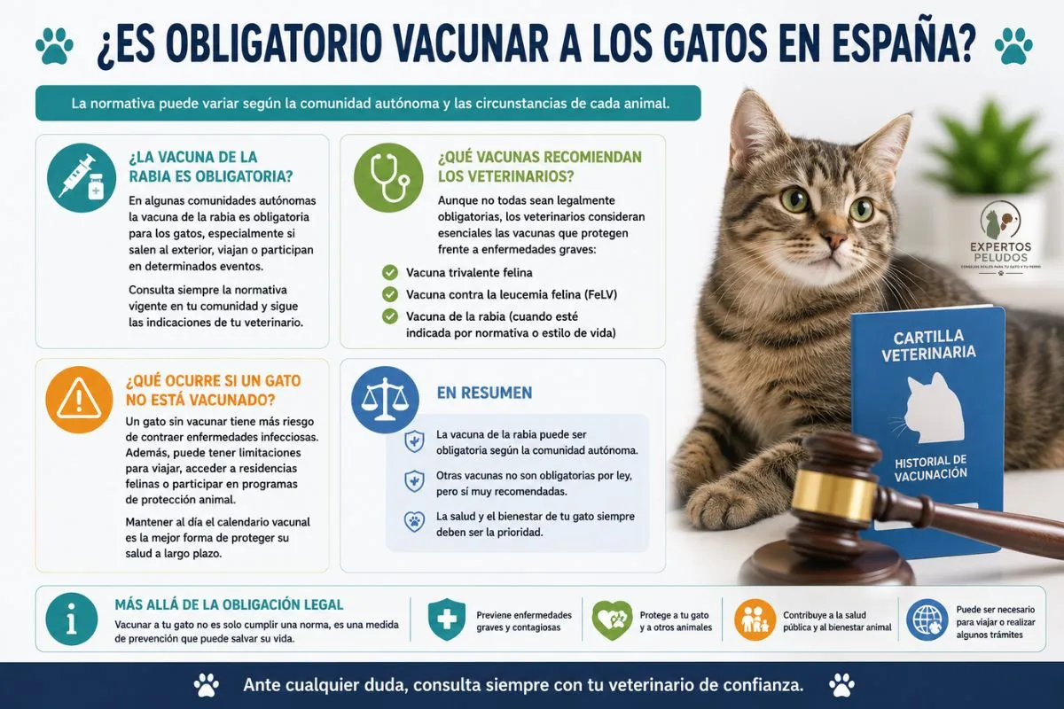 Infografía sobre las vacunas obligatorias para gatos en España y las principales vacunas recomendadas por veterinarios.