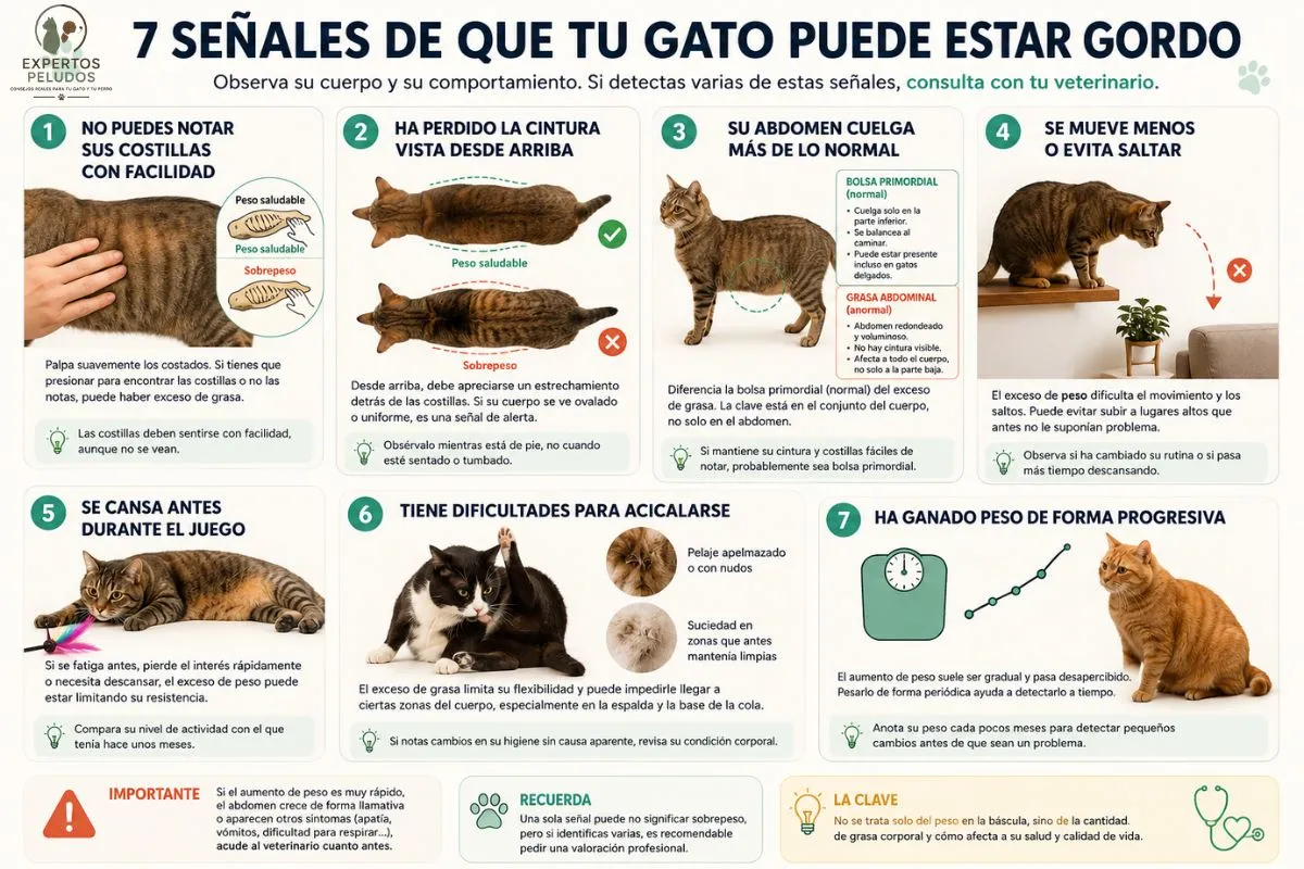 Infografía con las 7 principales señales para identificar si un gato tiene sobrepeso, incluyendo costillas, cintura, abdomen, actividad física, juego, acicalamiento y aumento de peso.