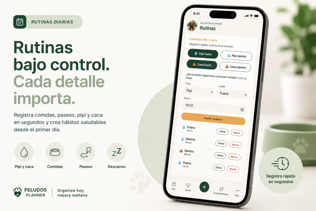 Registro diario de rutinas del cachorro en la aplicación Puppy Planner