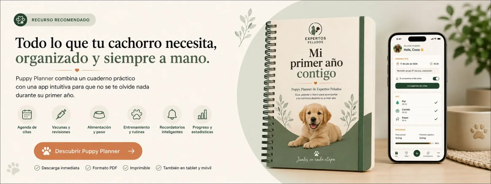 Banner del Puppy Planner de Expertos Peludos con planner y app para organizar el primer año de un cachorro.