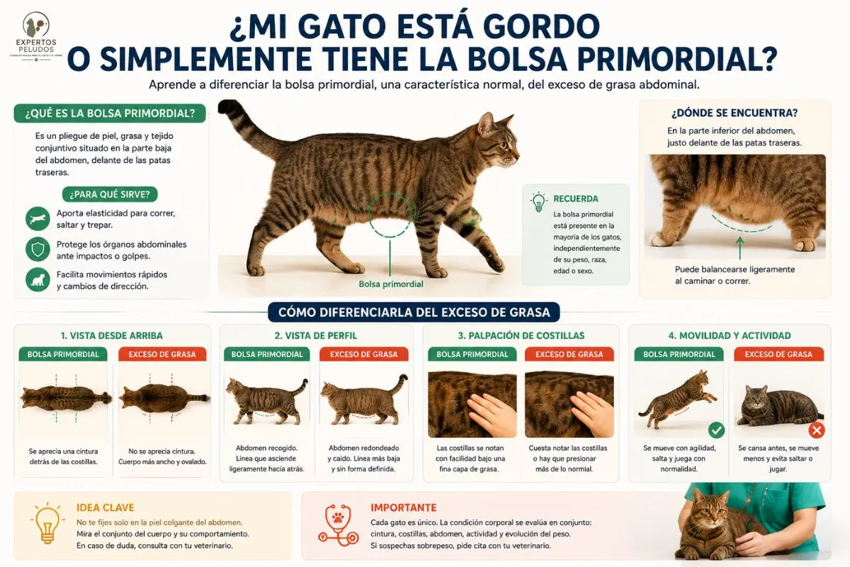 Infografía que explica qué es la bolsa primordial en los gatos y cómo diferenciarla del exceso de grasa abdominal observando la cintura, el abdomen, las costillas y la movilidad.