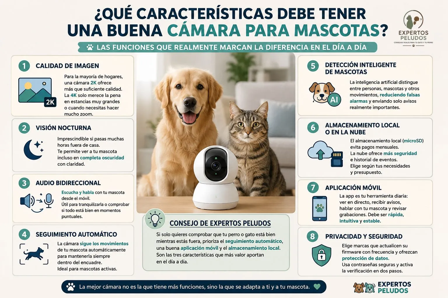 Infografía con las características más importantes de una cámara para vigilar mascotas: calidad de imagen, visión nocturna, audio bidireccional, seguimiento automático, detección inteligente, almacenamiento, aplicación móvil y privacidad.