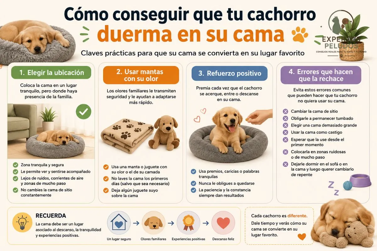 Infografía con consejos para conseguir que un cachorro duerma en su cama: ubicación, mantas con su olor, refuerzo positivo y errores que debes evitar.
