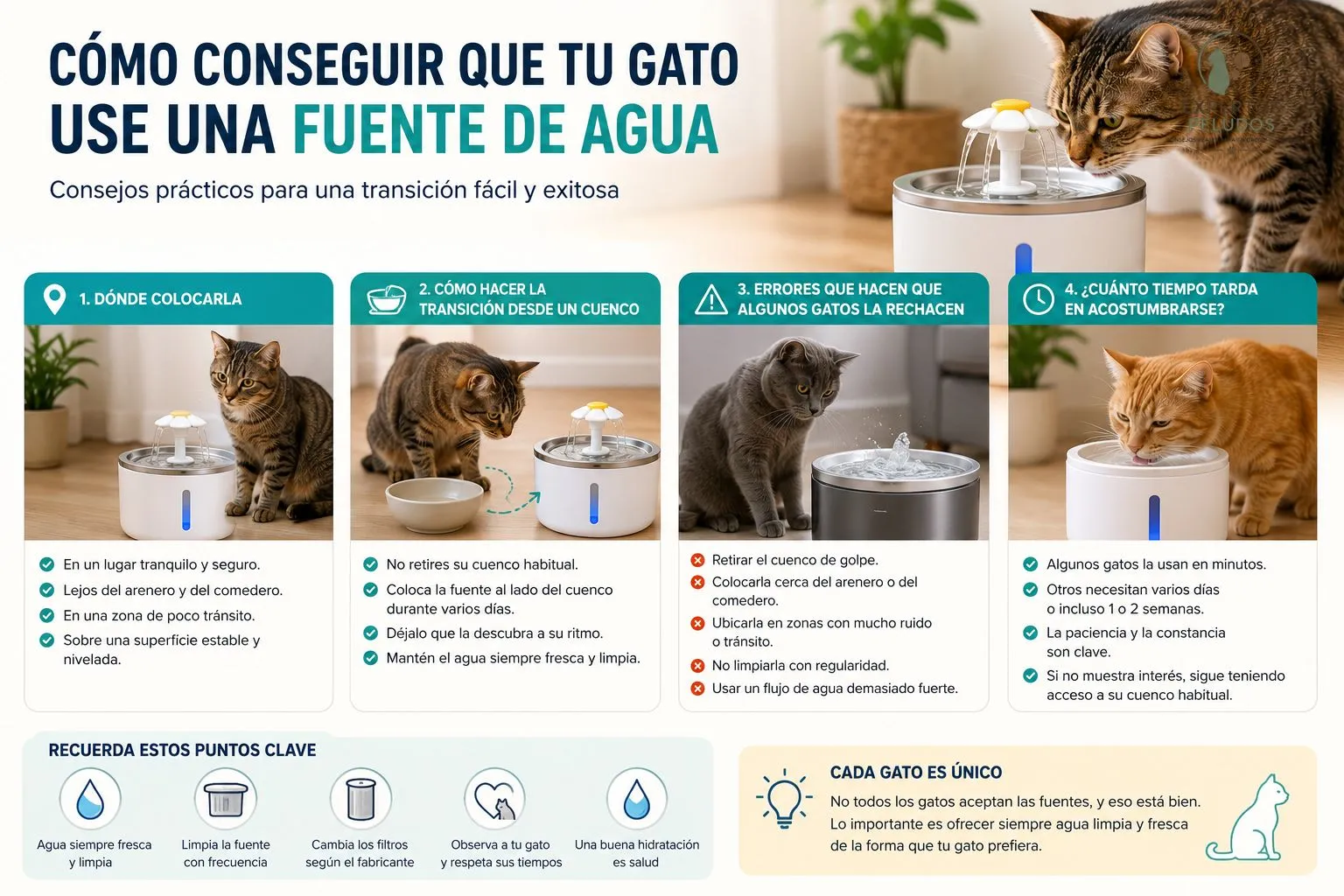 Infografía sobre cómo conseguir que un gato use una fuente de agua, con consejos sobre la ubicación, la transición desde un cuenco, los errores más comunes y el tiempo de adaptación.