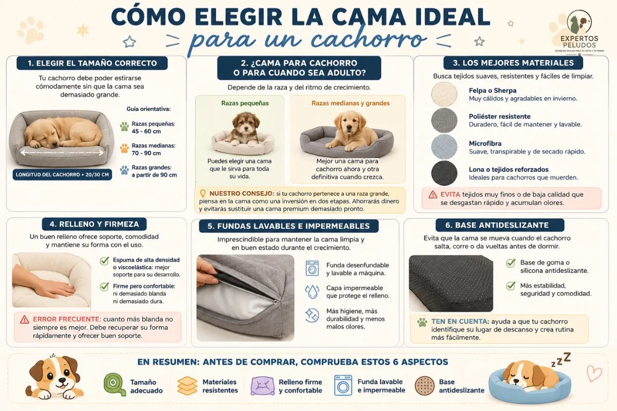 Infografía sobre cómo elegir la cama ideal para un cachorro según el tamaño, los materiales, el relleno, la funda y la base antideslizante.
