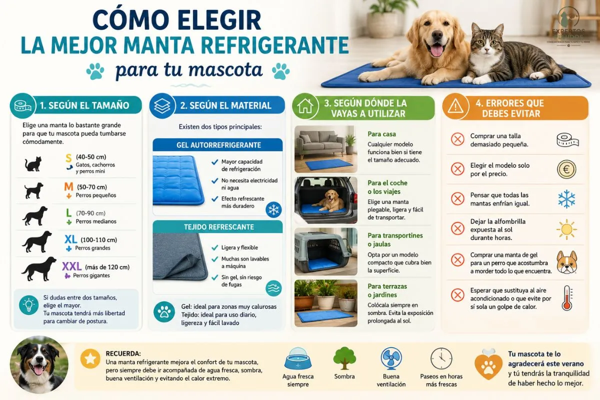 Infografía con los aspectos clave para elegir una manta refrigerante para perros y gatos según el tamaño, el material y el uso.