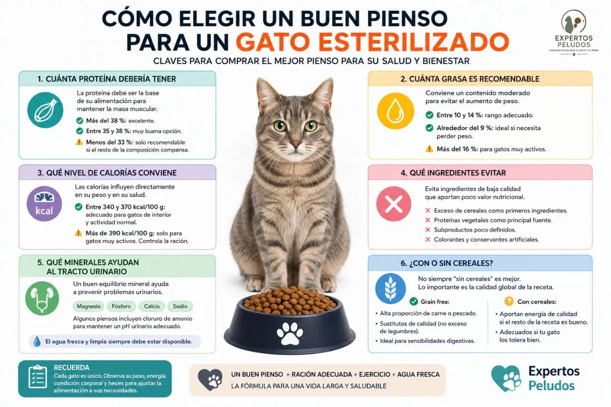 Infografía con los criterios para elegir el mejor pienso para un gato esterilizado: proteína, grasa, calorías, minerales urinarios, ingredientes y cereales.