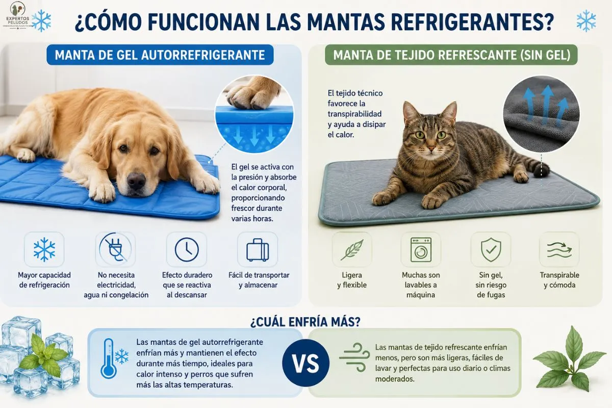 Infografía comparando el funcionamiento de las mantas refrigerantes de gel y de tejido refrescante para perros y gatos.
