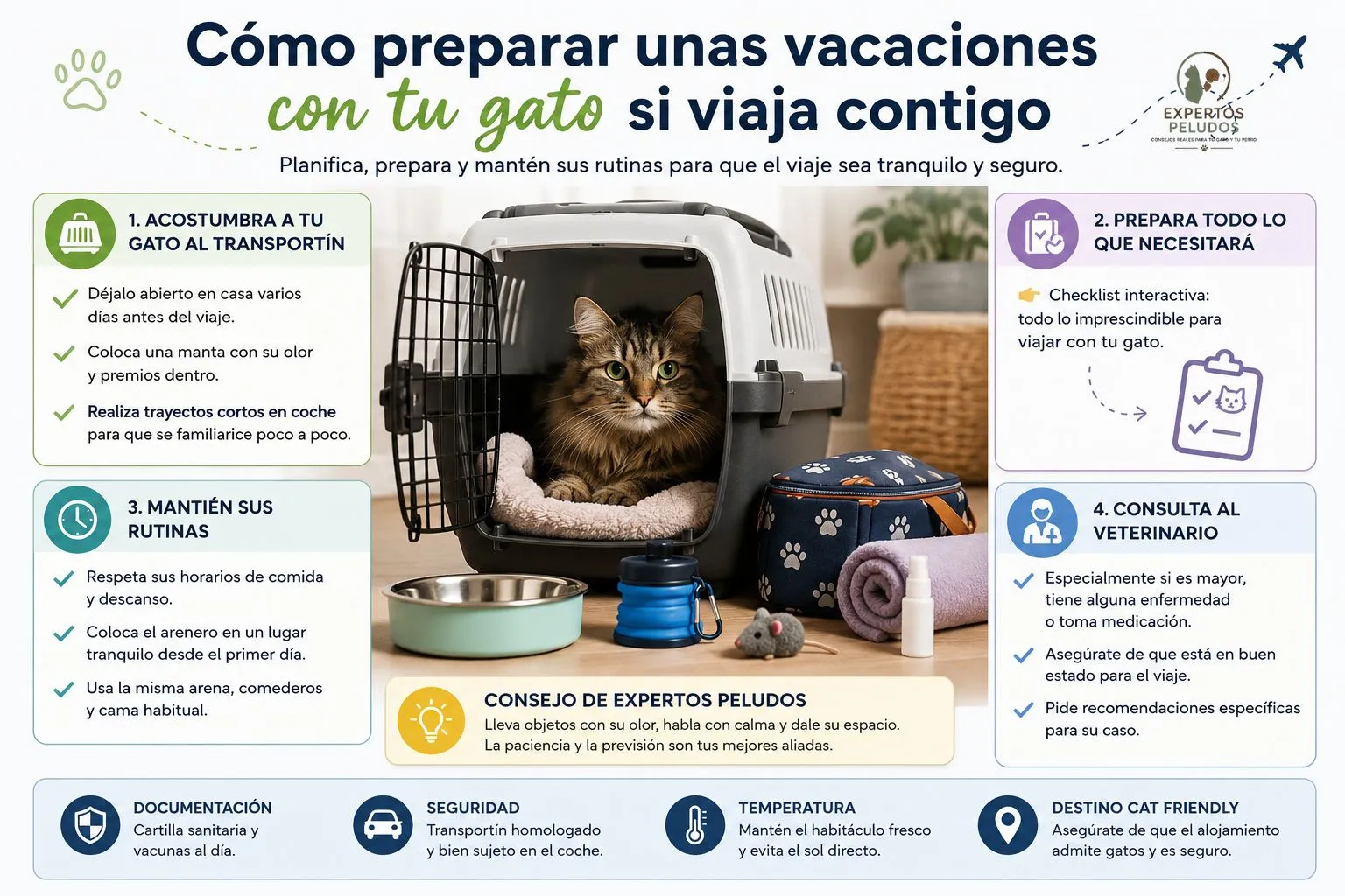 Infografía con los pasos esenciales para preparar unas vacaciones con un gato, incluyendo transportín, rutinas, documentación y consejos para viajar de forma segura.