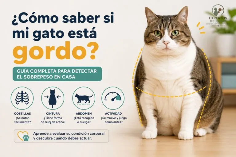 Gato con sobrepeso mostrando cómo identificar si un gato está gordo mediante su condición corporal.