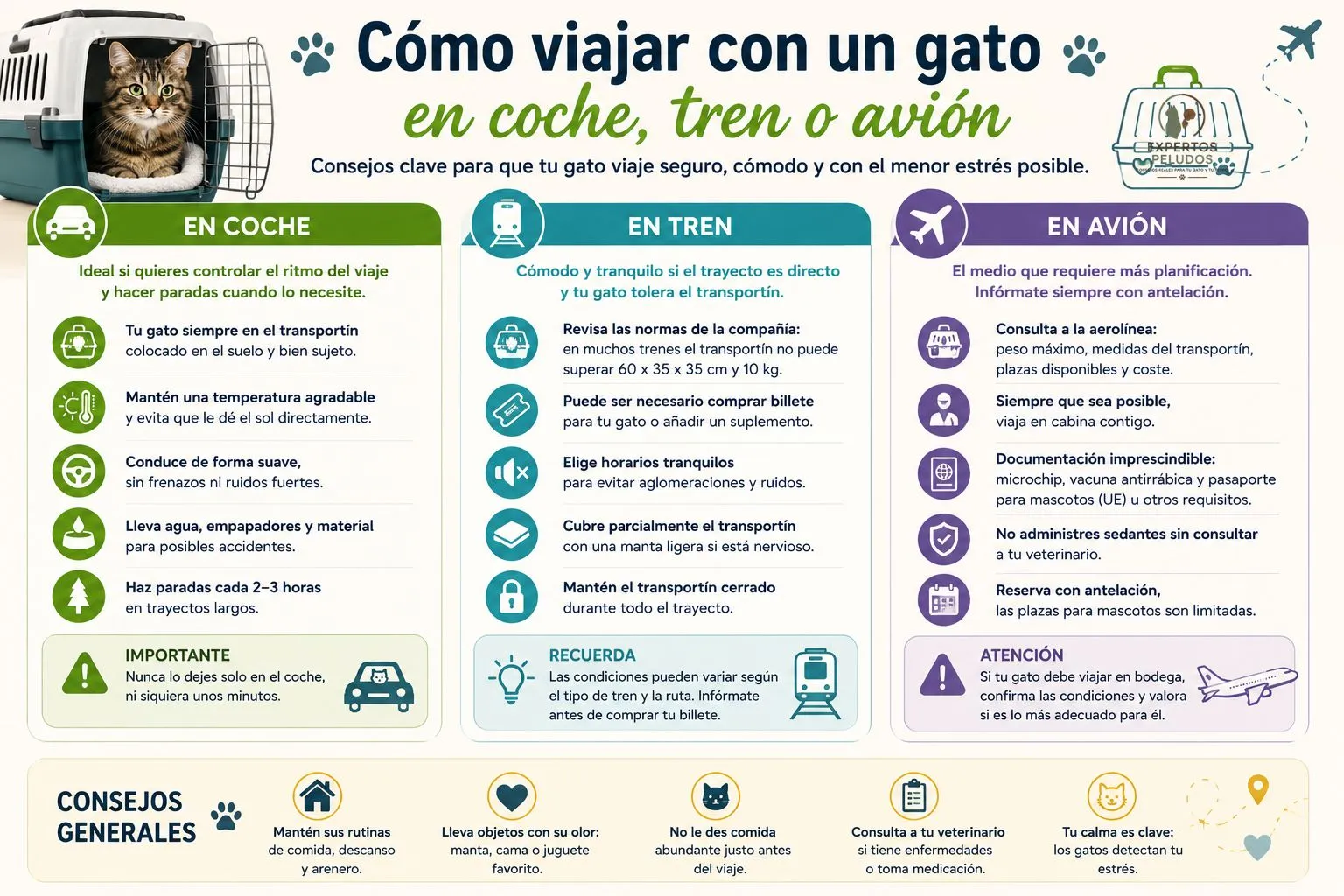 Infografía con consejos para viajar con un gato en coche, tren o avión, incluyendo recomendaciones de seguridad, documentación y preparación del viaje.