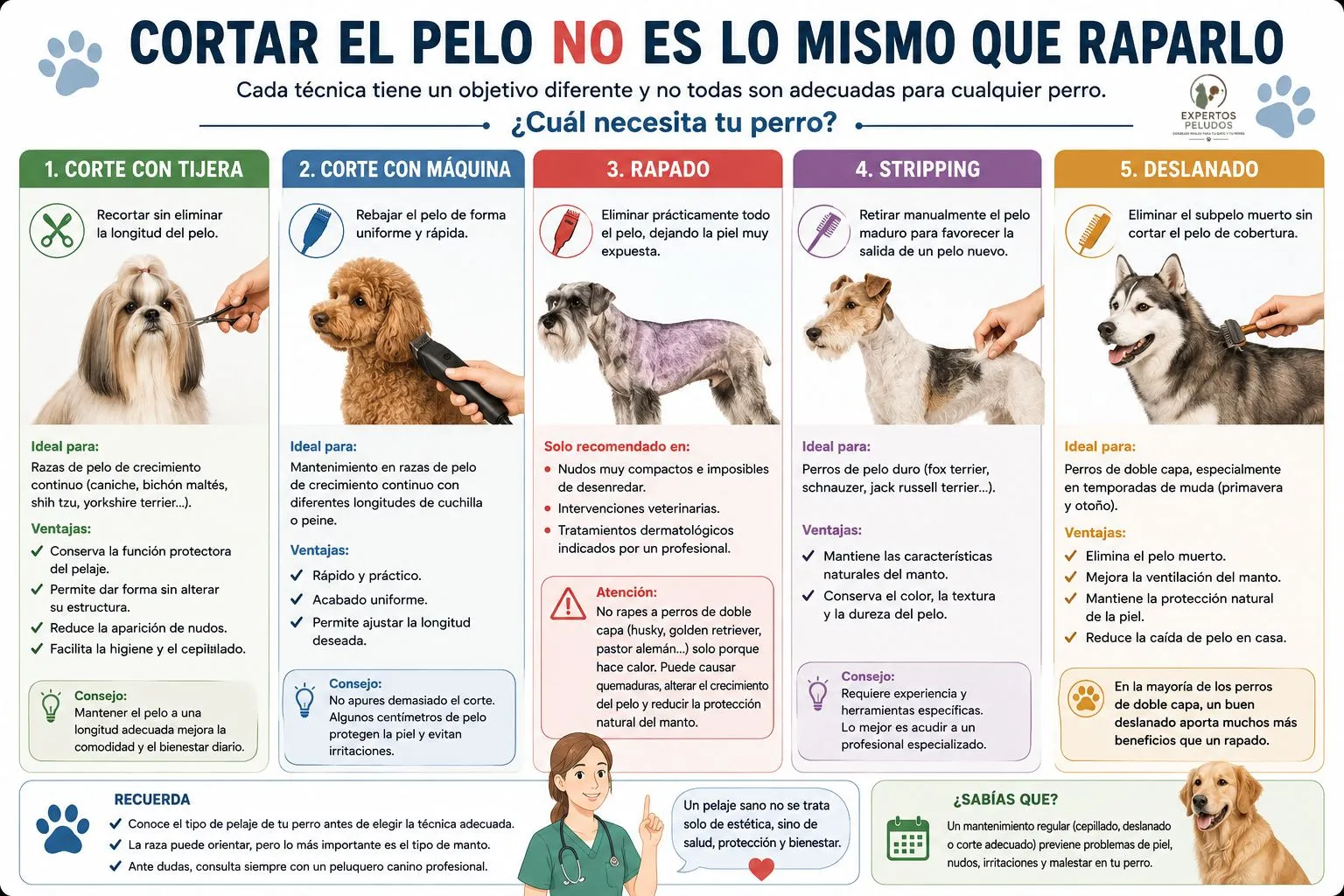 Infografía que compara las diferencias entre cortar el pelo con tijera, cortar con máquina, rapar, realizar stripping y deslanar a un perro según su tipo de pelaje.