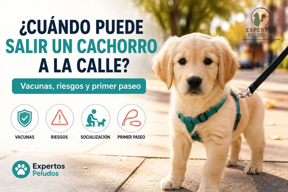 Cachorro con arnés preparado para su primer paseo, ilustrando cuándo puede salir a la calle tras completar su calendario de vacunación.