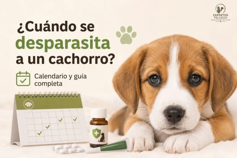 Cachorro junto a un calendario de desparasitación con antiparasitario, ilustrando cuándo se desparasita a un cachorro por primera vez.