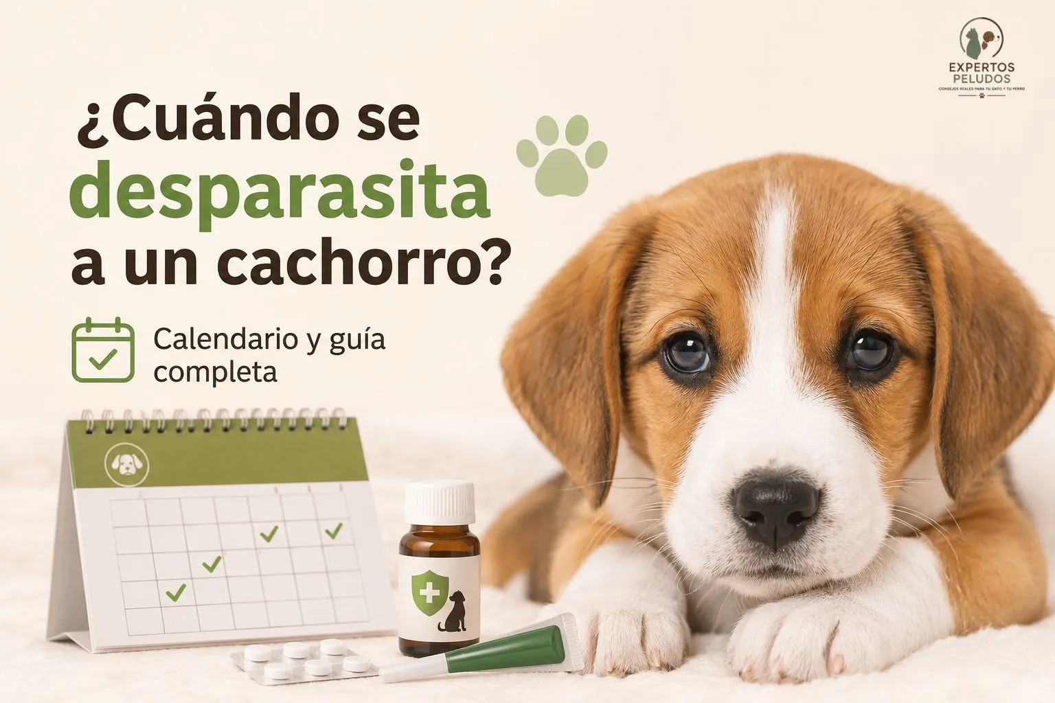 Cachorro junto a un calendario de desparasitación con antiparasitario, ilustrando cuándo se desparasita a un cachorro por primera vez.