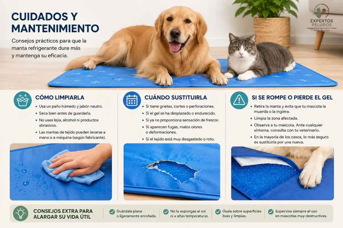 Infografía con consejos para limpiar, mantener y sustituir una manta refrigerante para perros y gatos.