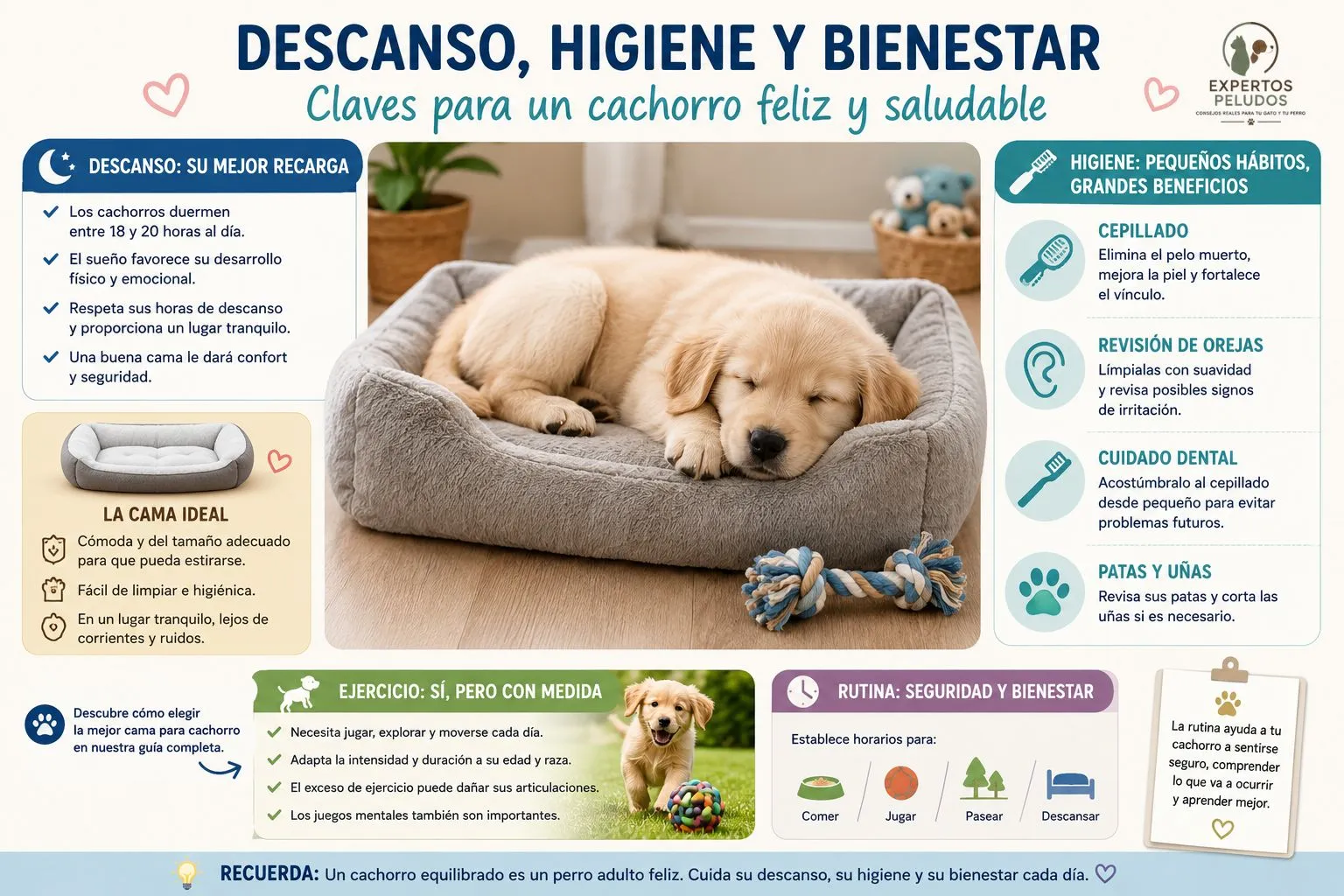 Infografía sobre el descanso, la higiene y el bienestar de un cachorro con consejos sobre sueño, elección de la cama, cepillado, cuidado dental, ejercicio y rutinas diarias.