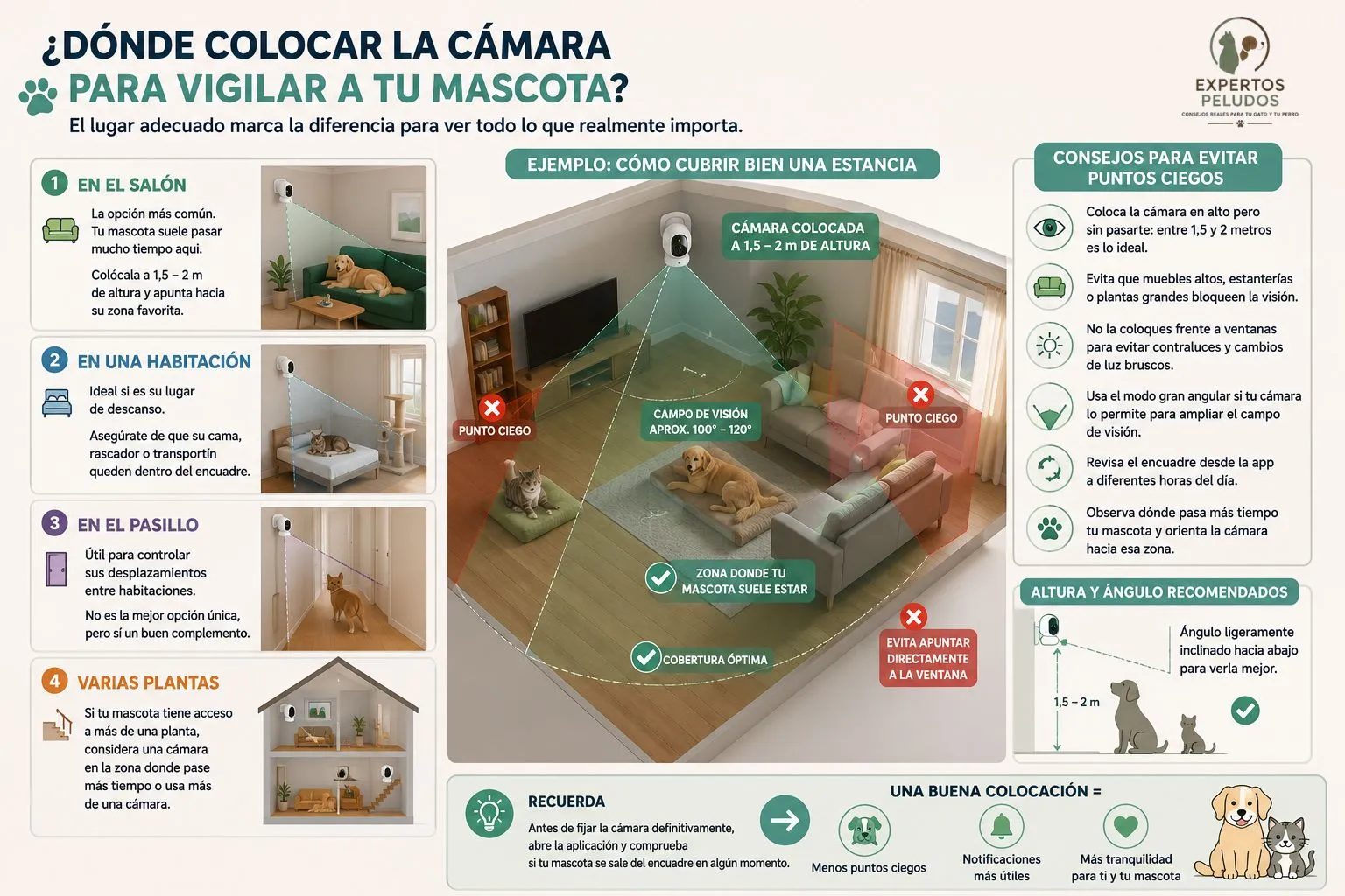 Infografía sobre dónde colocar una cámara para vigilar a un perro o un gato en casa, mostrando las mejores ubicaciones, el campo de visión recomendado y cómo evitar puntos ciegos.
