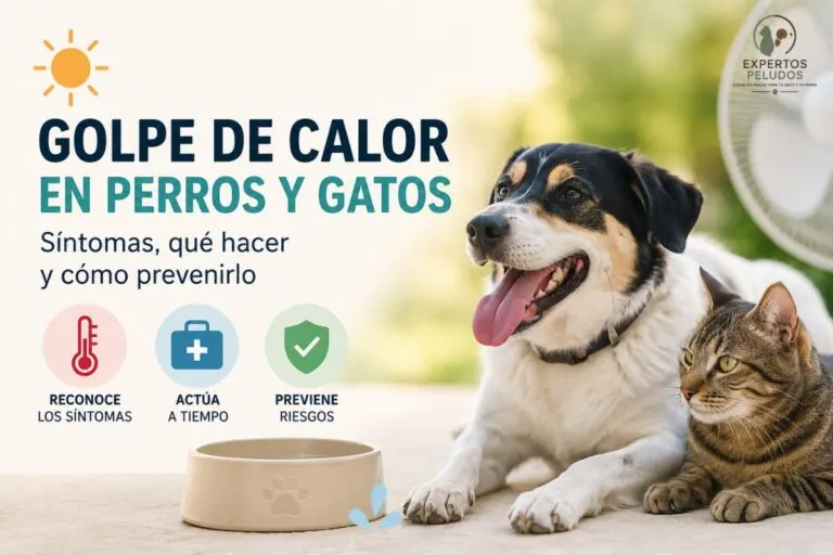 Perro y gato durante una ola de calor con agua fresca, ilustrando un artículo sobre los síntomas, la prevención y qué hacer ante un golpe de calor.