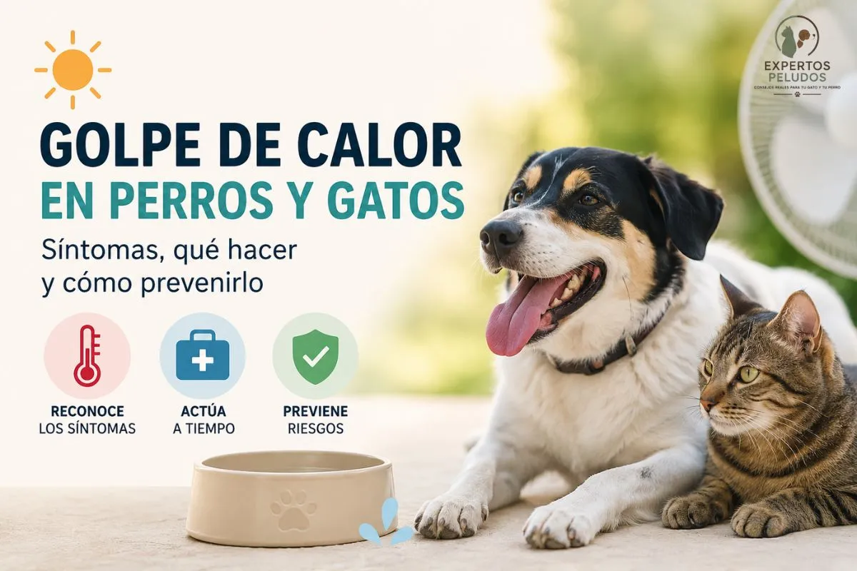 Perro y gato durante una ola de calor con agua fresca, ilustrando un artículo sobre los síntomas, la prevención y qué hacer ante un golpe de calor.