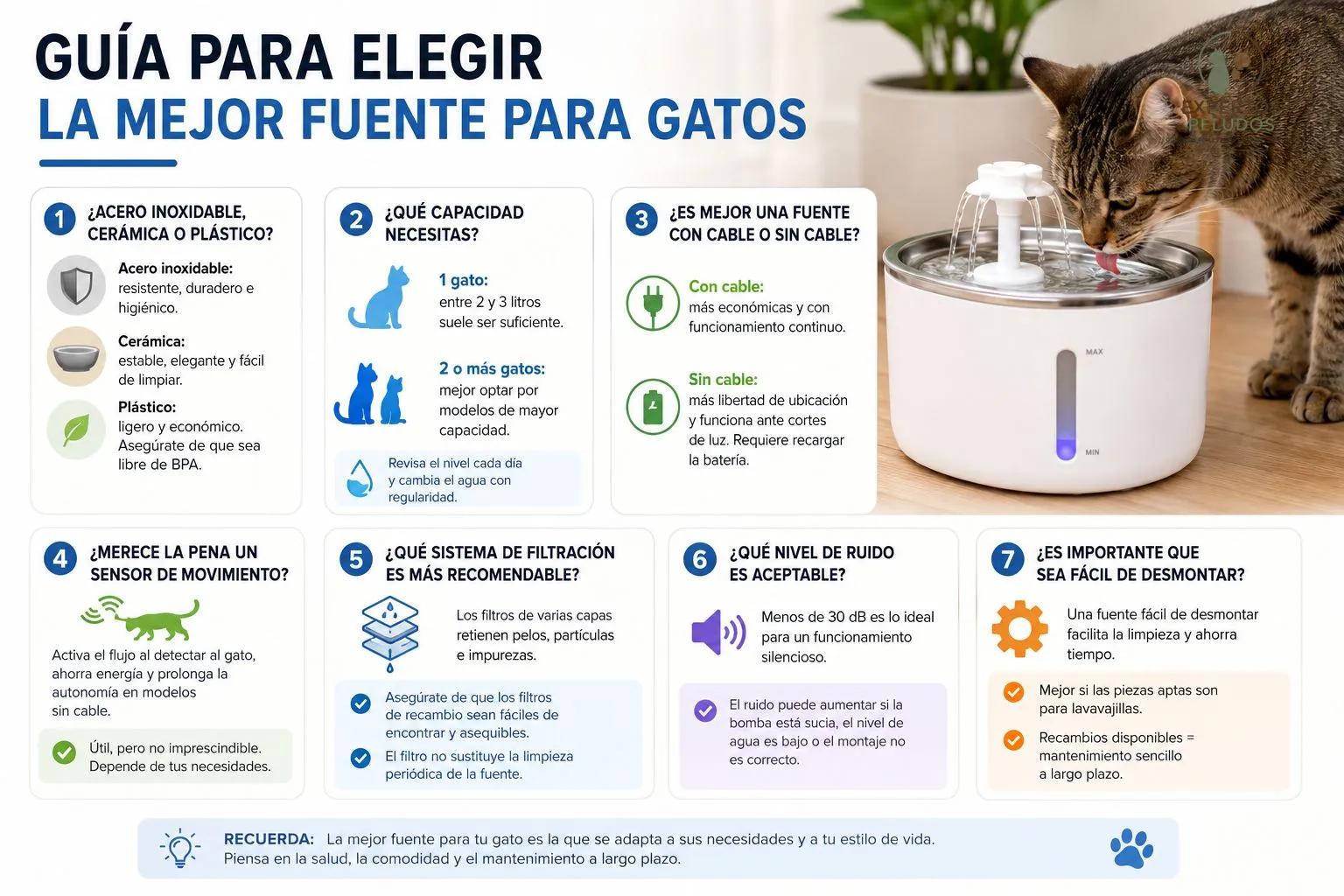 Guía para elegir la mejor fuente para gatos con consejos sobre materiales, capacidad, filtración, nivel de ruido y facilidad de limpieza.