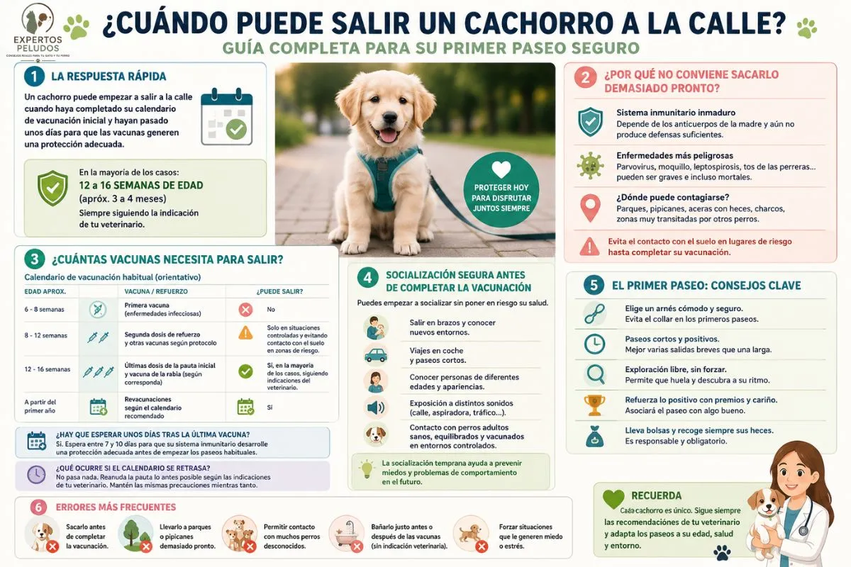 Infografía con el calendario orientativo de vacunación, la edad recomendada para sacar a un cachorro a la calle, consejos de socialización segura y errores que conviene evitar.