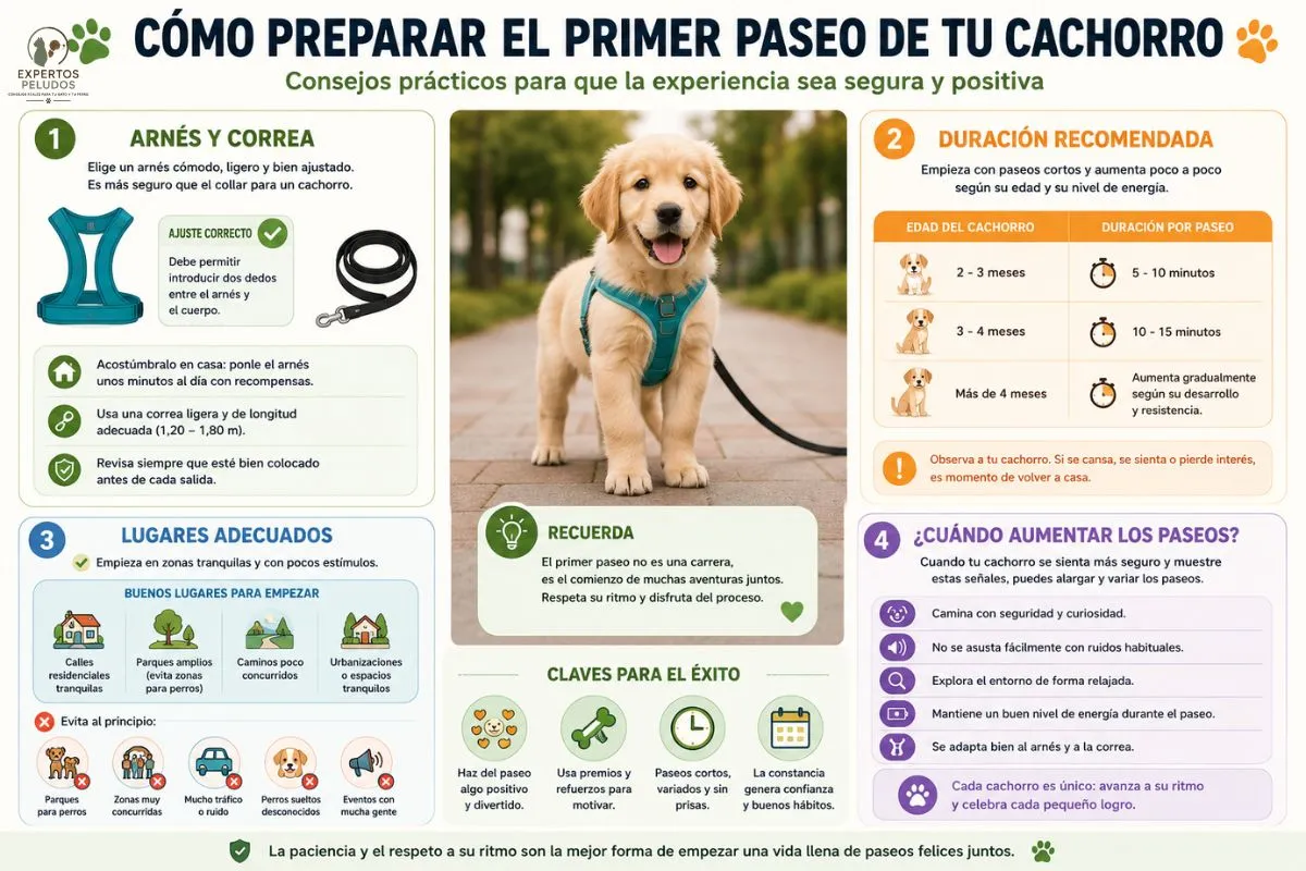 Infografía con consejos para preparar el primer paseo de un cachorro: elección del arnés y la correa, duración recomendada, lugares adecuados y cuándo aumentar los paseos.
