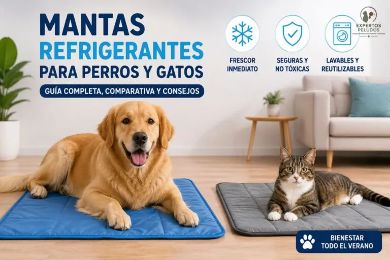 Perro y gato descansando sobre mantas refrigerantes para mantenerse frescos durante el verano.