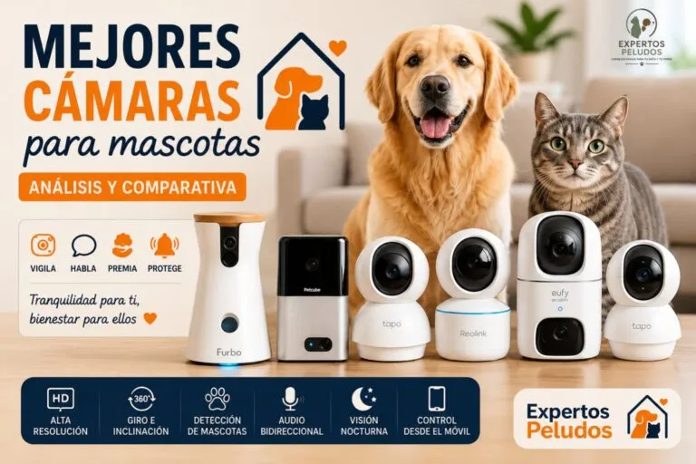 Comparativa de las mejores cámaras para vigilar mascotas con modelos Furbo, Petcube, Tapo, Reolink y Eufy junto a un perro y un gato en un salón.