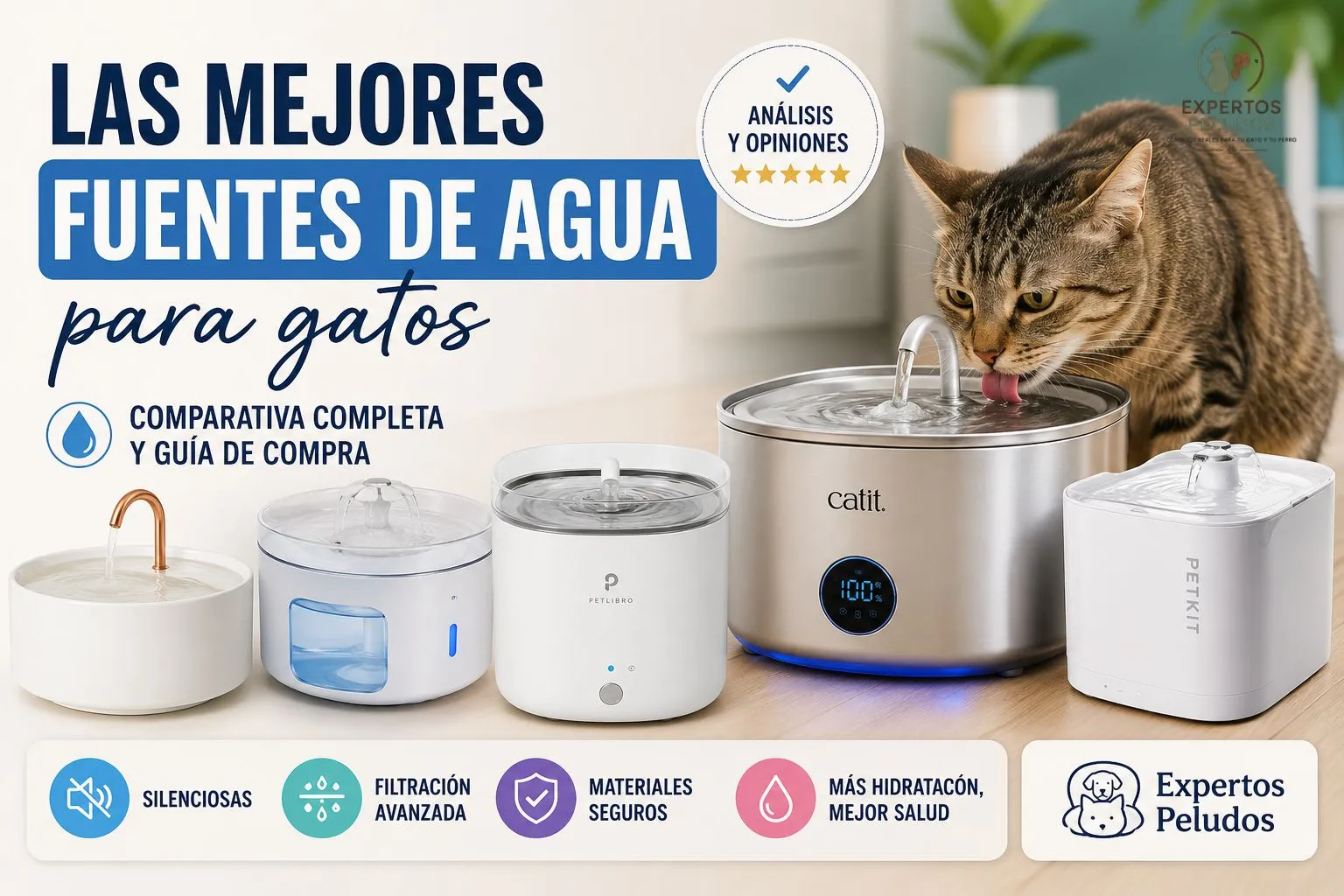 Comparativa de las mejores fuentes para gatos con varios modelos de bebederos automáticos y un gato bebiendo agua.