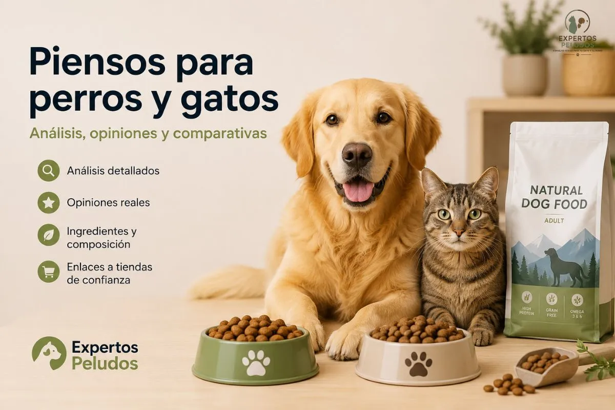Perro y gato junto a un saco de pienso ilustrando la sección de análisis, opiniones y comparativas de piensos para perros y gatos de Expertos Peludos.