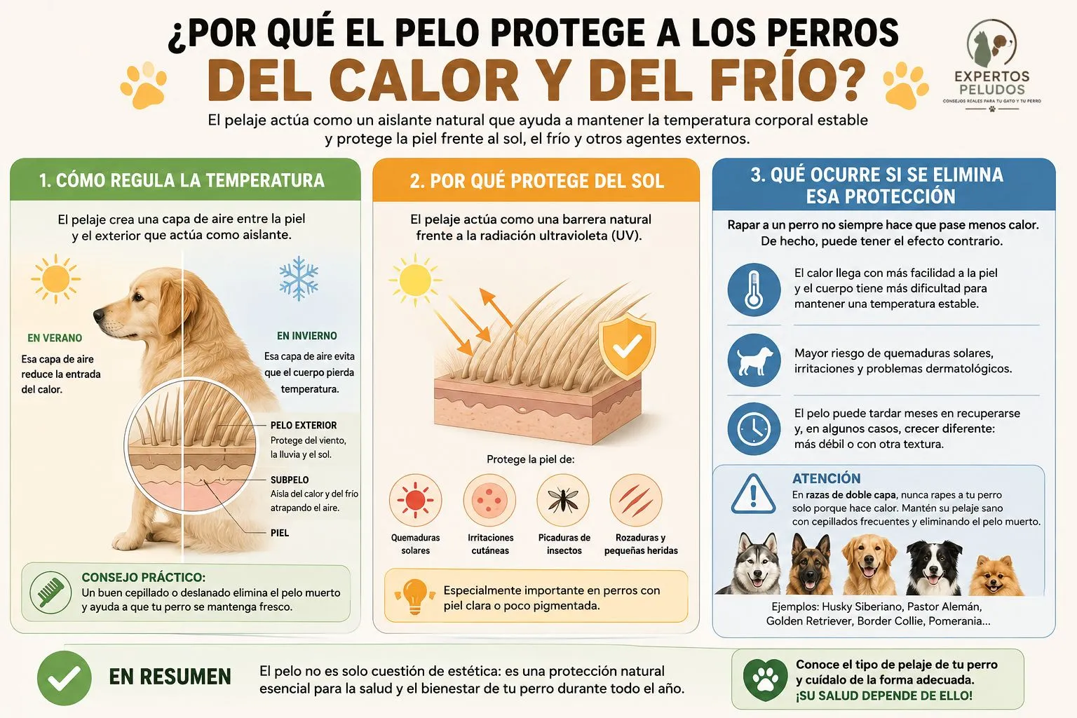 Infografía que explica cómo el pelo de los perros regula la temperatura corporal, protege la piel del sol y los riesgos de rapar a un perro con doble capa.