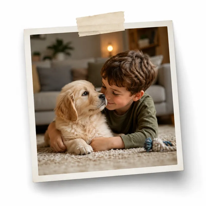 Niño abrazando a su cachorro durante el primer año de vida, representando los recuerdos y momentos especiales que ayuda a conservar el Sistema Puppy Planner de Expertos Peludos.