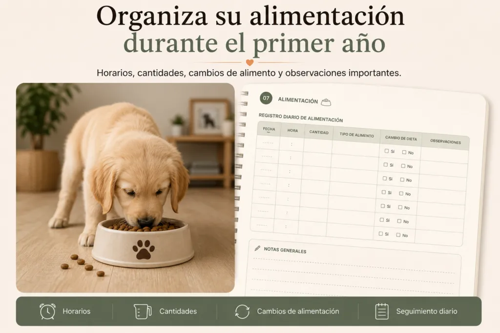 Página del Puppy Planner para registrar horarios, cantidades y rutinas de alimentación del cachorro.