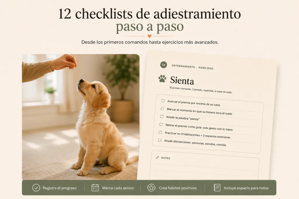 Página de entrenamiento del Puppy Planner con checklist para enseñar órdenes básicas como sentado, junto y llamada.