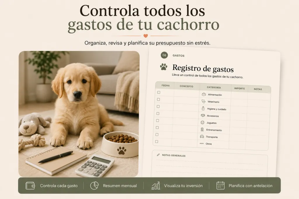 Registro de gastos del Puppy Planner para controlar alimentación, veterinario, accesorios y otros gastos del cachorro.