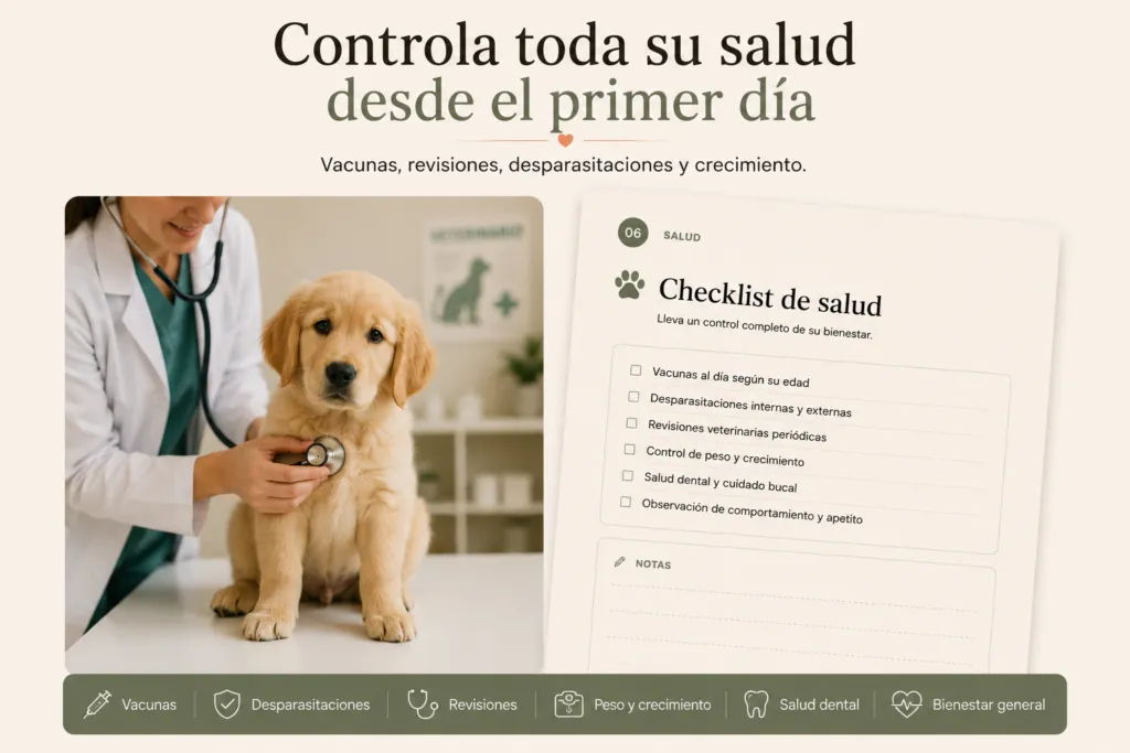 Página de control de salud del Puppy Planner con seguimiento de vacunas, revisiones y crecimiento del cachorro.