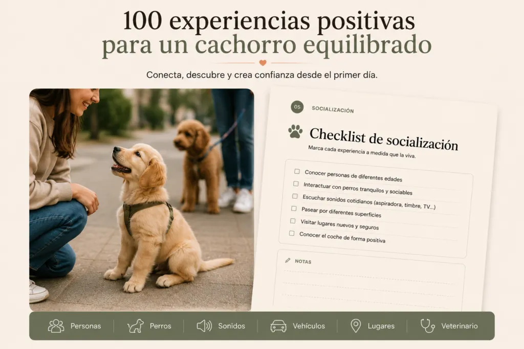 Checklist de socialización del Puppy Planner con experiencias positivas para un cachorro equilibrado.