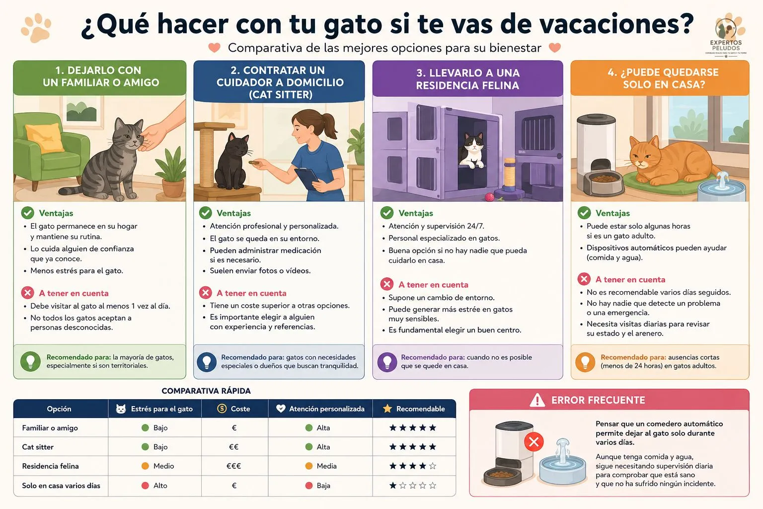 Infografía con las principales opciones para cuidar de un gato durante las vacaciones: familiar o amigo, cat sitter, residencia felina o quedarse en casa con supervisión.