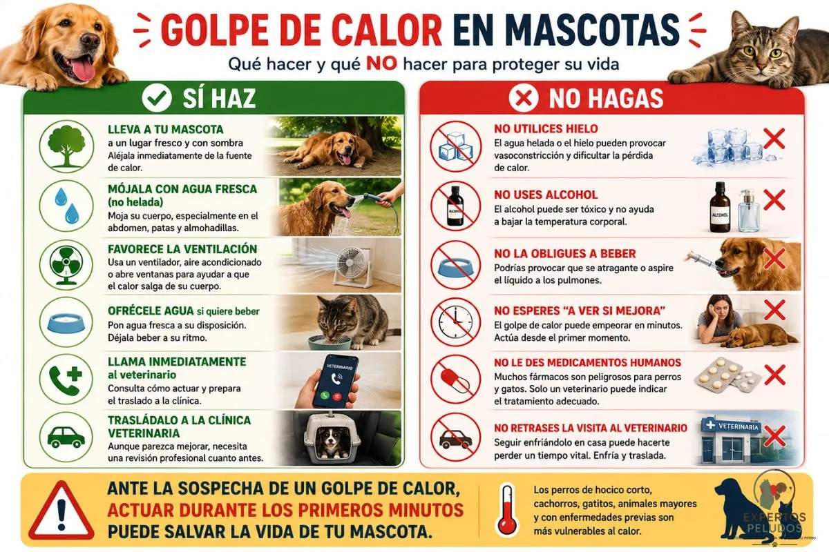 Infografía con las principales recomendaciones sobre qué hacer y qué no hacer ante un golpe de calor en perros y gatos.