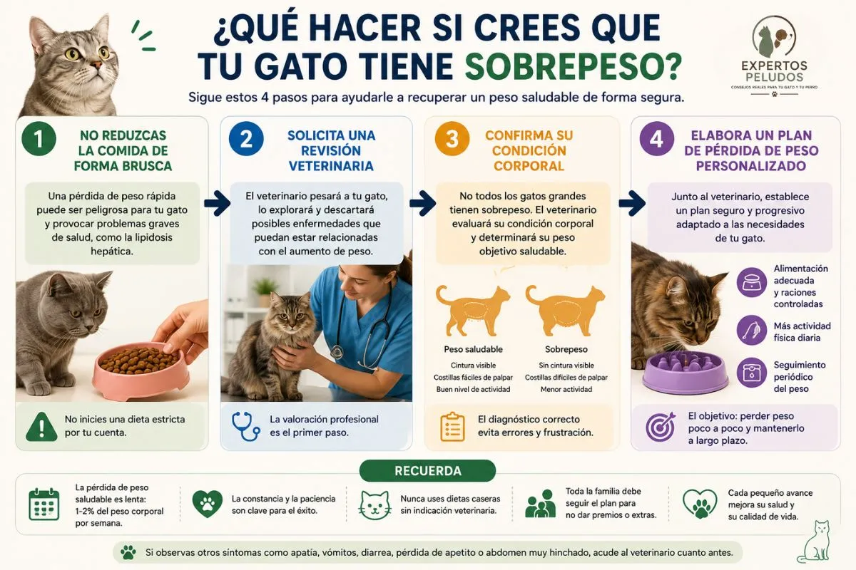 Infografía con los pasos para actuar si un gato tiene sobrepeso: revisión veterinaria, evaluación de la condición corporal y plan de pérdida de peso seguro.