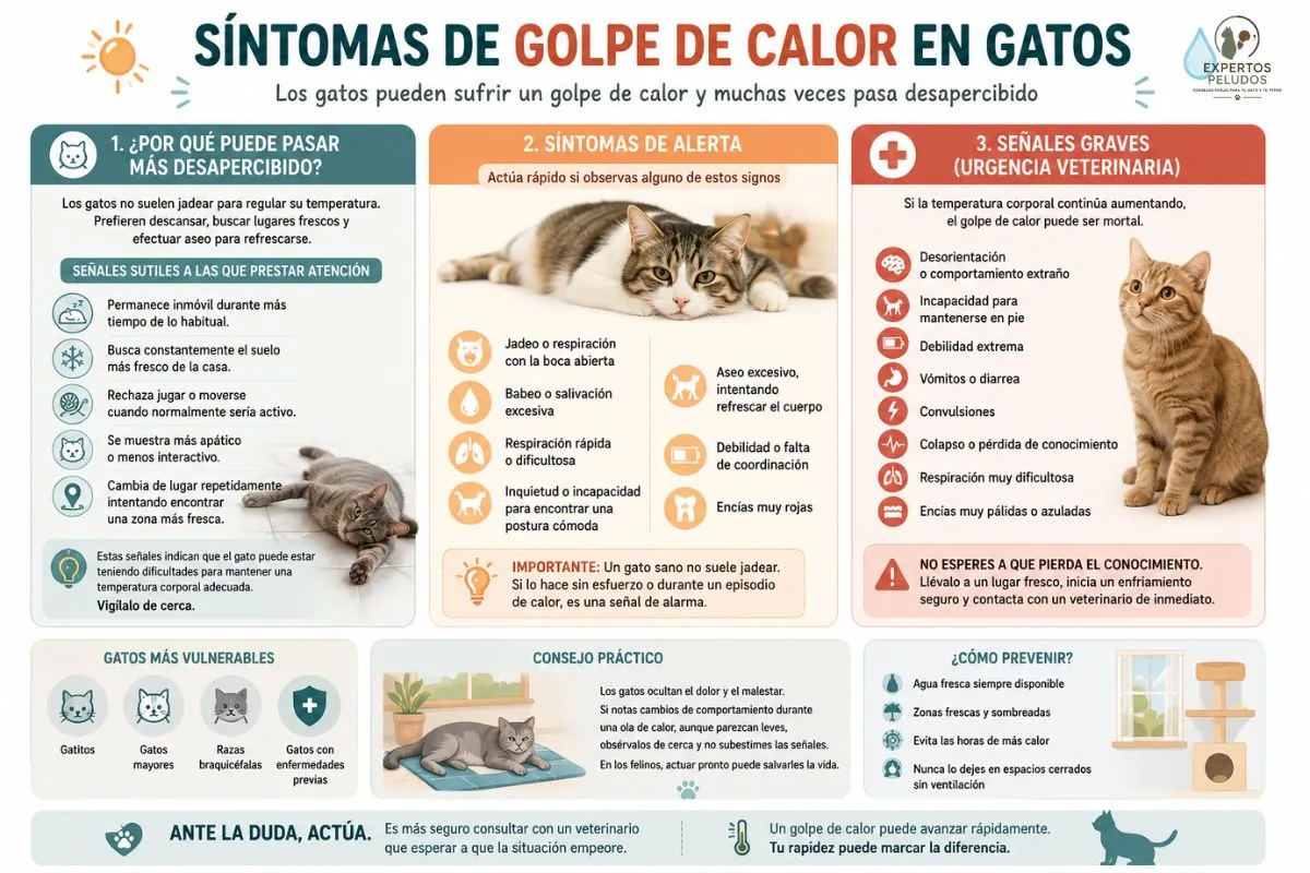 Infografía con los síntomas de un golpe de calor en gatos, las primeras señales de alerta, los síntomas graves y las recomendaciones para actuar con rapidez.