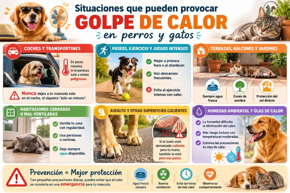 Infografía con las principales situaciones que pueden provocar un golpe de calor en perros y gatos, como coches, paseos con calor, asfalto caliente o espacios mal ventilados.