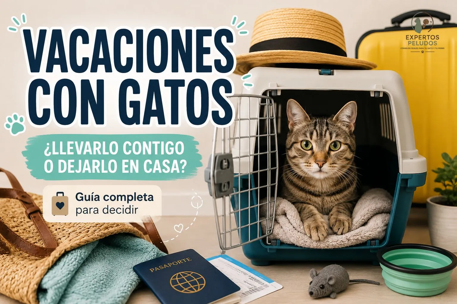 Gato dentro de un transportín junto a una maleta, preparado para unas vacaciones, ilustrando cómo decidir entre viajar con tu gato o dejarlo en casa.